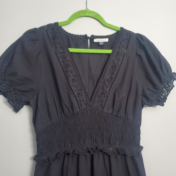 American Eagle Eyelet Tiered Smocked Lined Midi Dress Black Cottagecore NWOT M - Picture 2 of 16